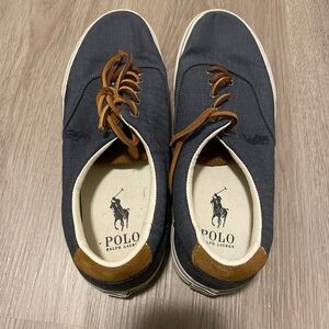 Polo by Ralph Lauren Men's Dark Blue and Brown Herringbone Suede Trim Sneakers